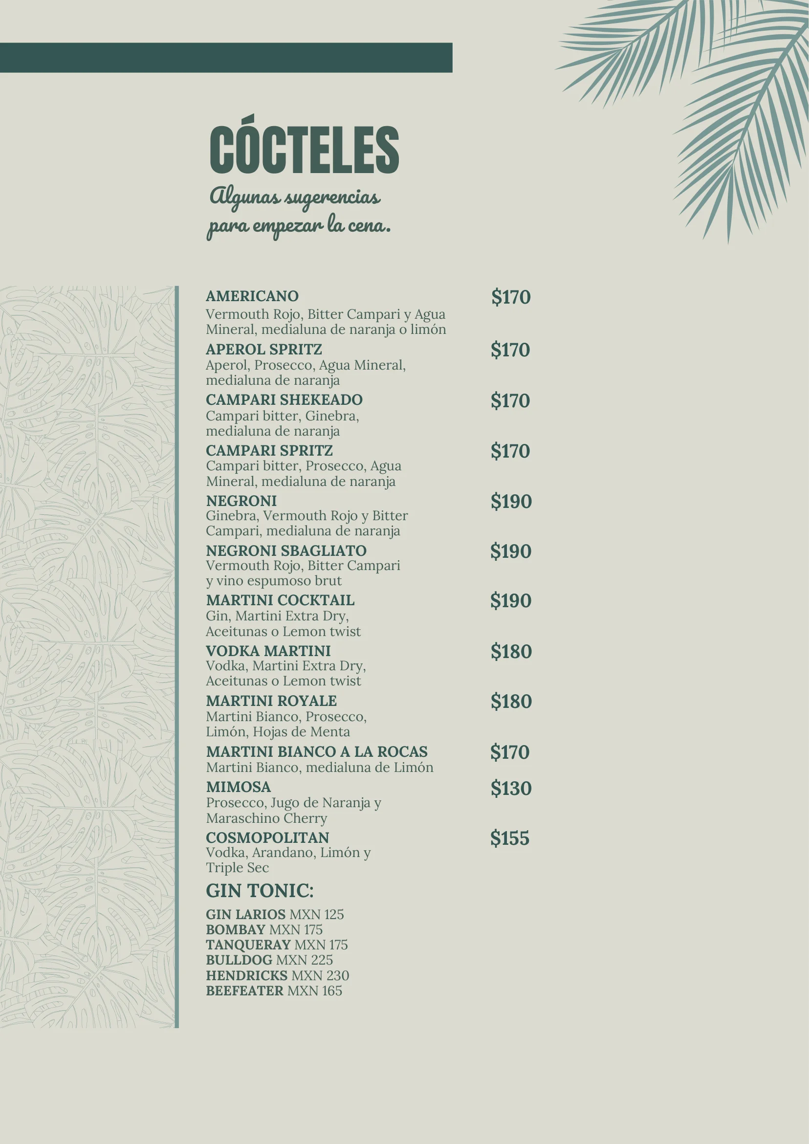 Menú de cócteles de La Bianca Tropical