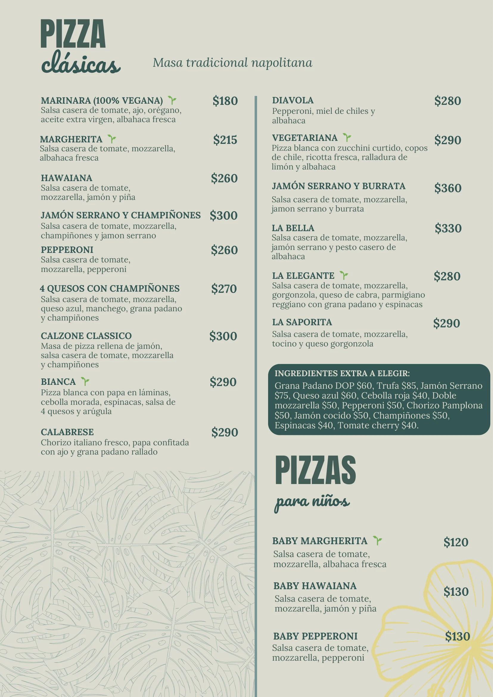 Menú de pizzas al horno de leña de La Bianca Tropical