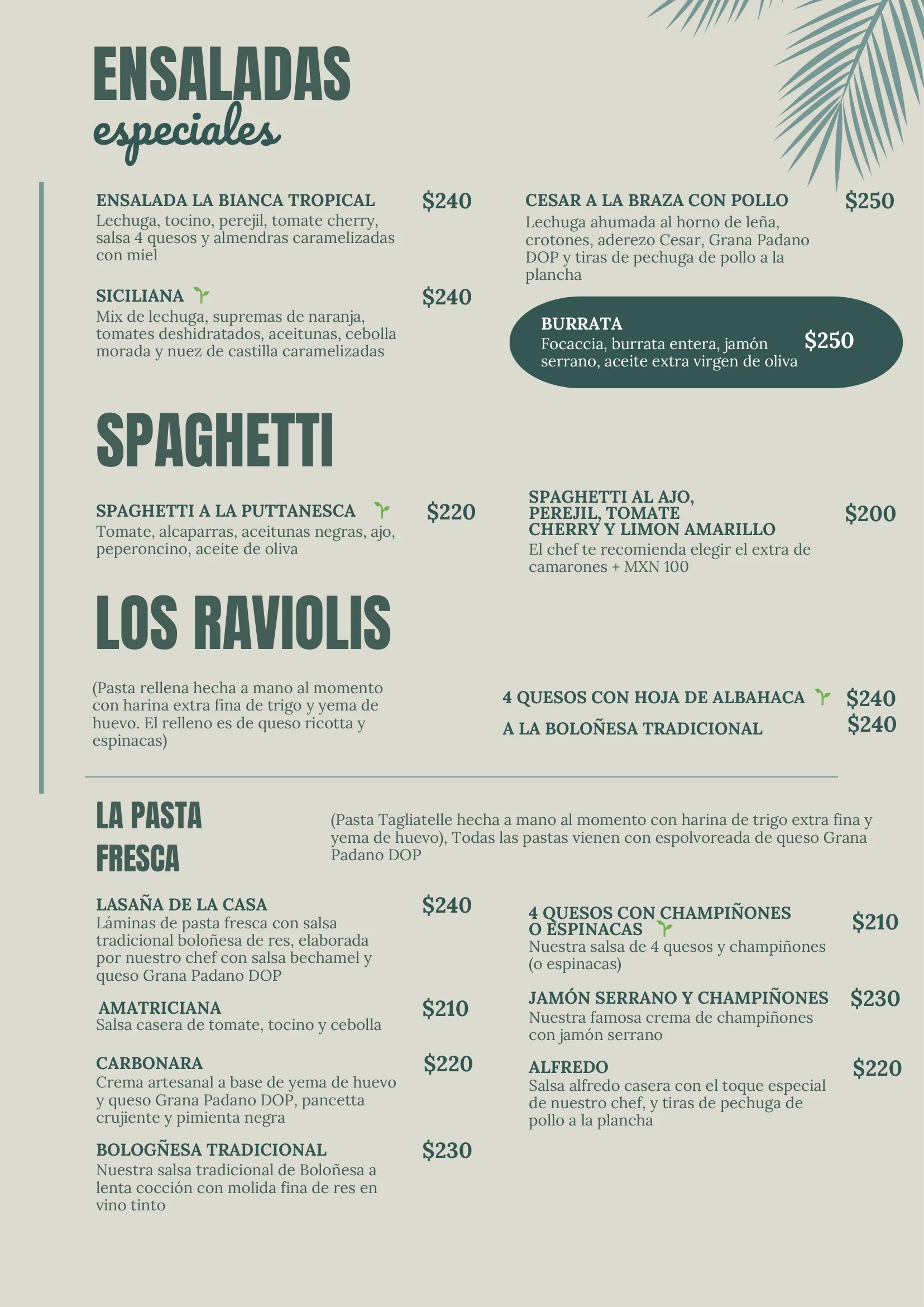 Menú de ensaladas y pasta de La Bianca Tropical