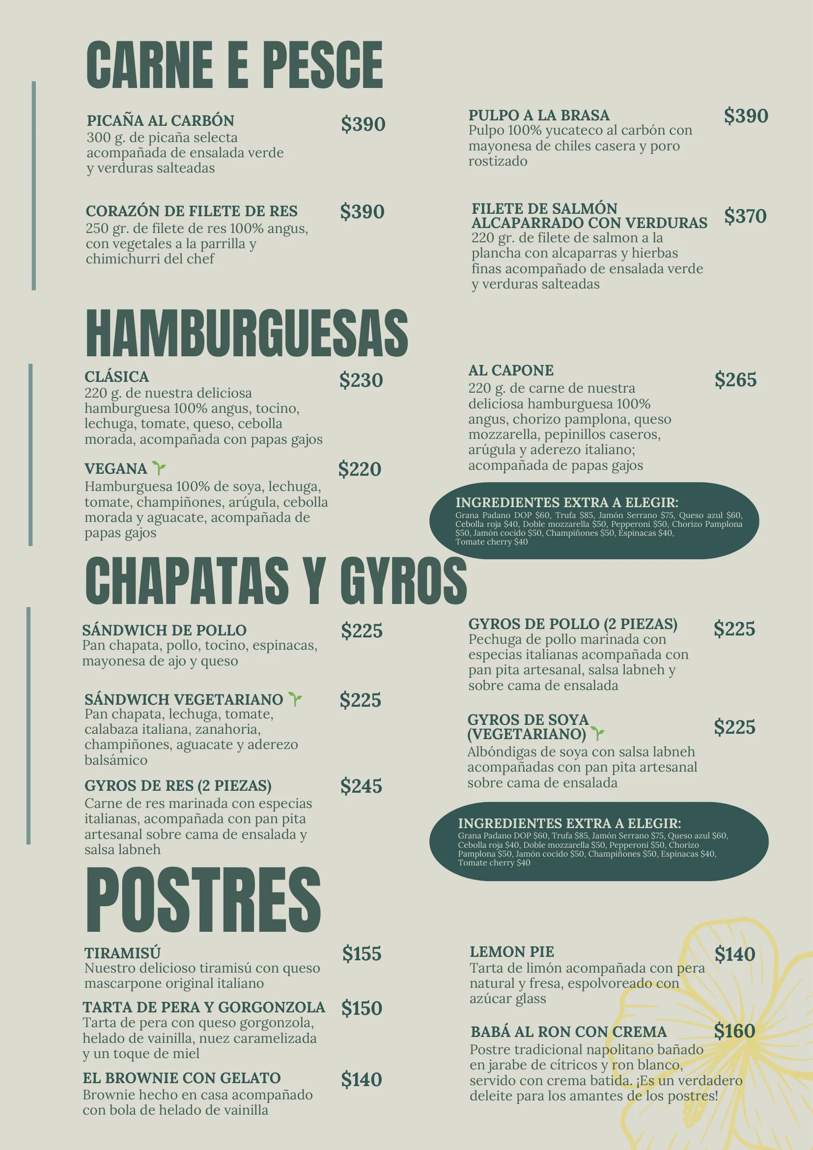 Menú de platos de cocina de La Bianca Tropical
