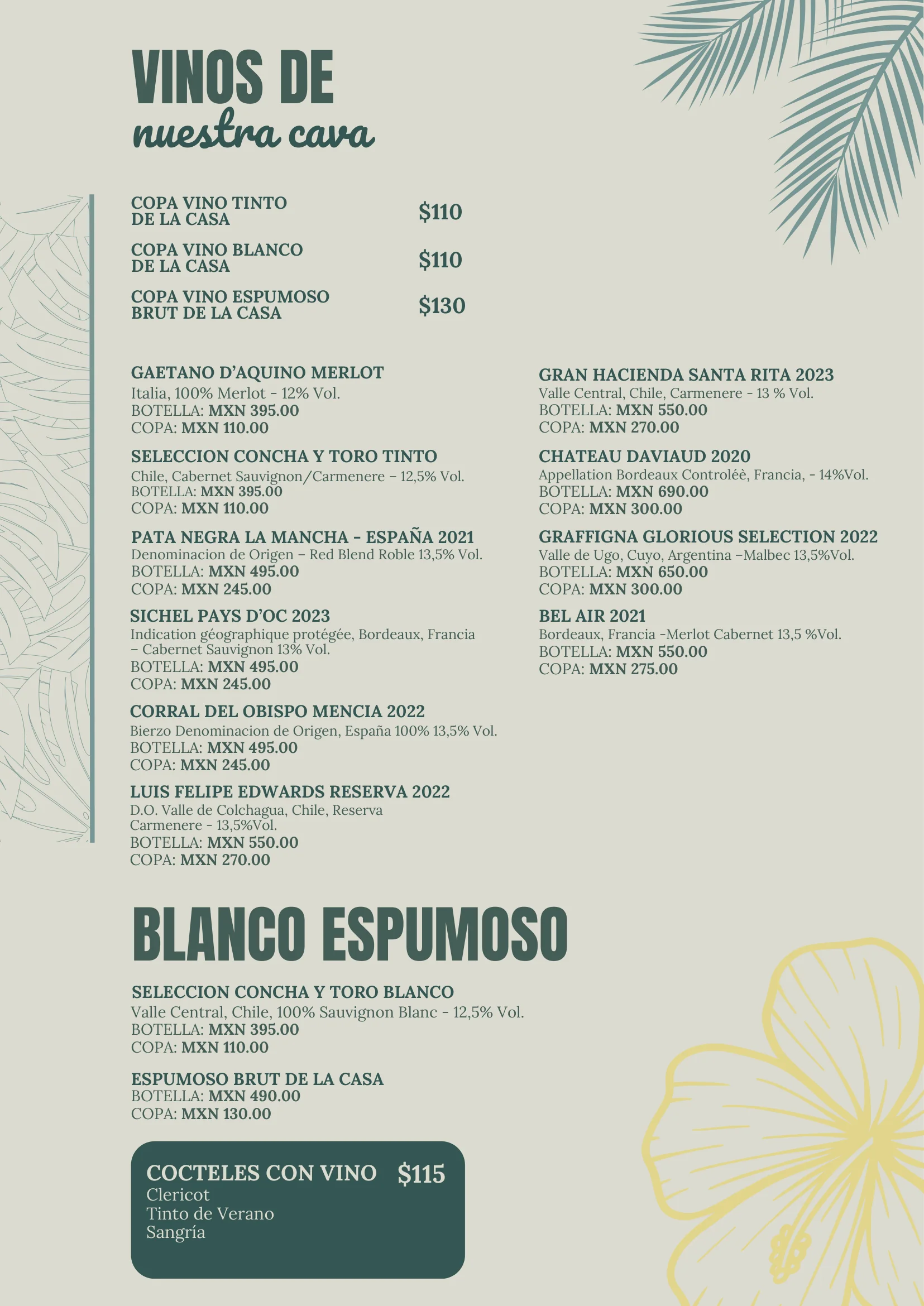 Carta de vinos de La Bianca Tropical