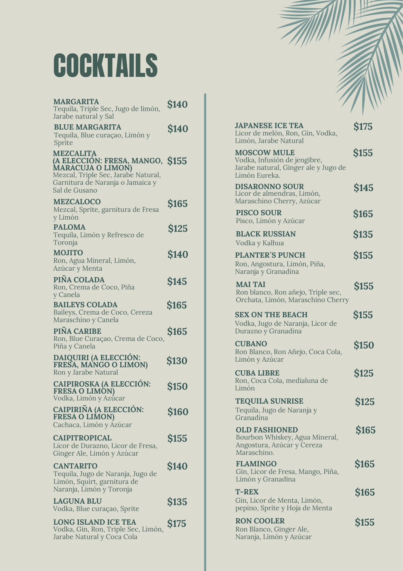 Menú de coctelería de autor de La Bianca Tropical