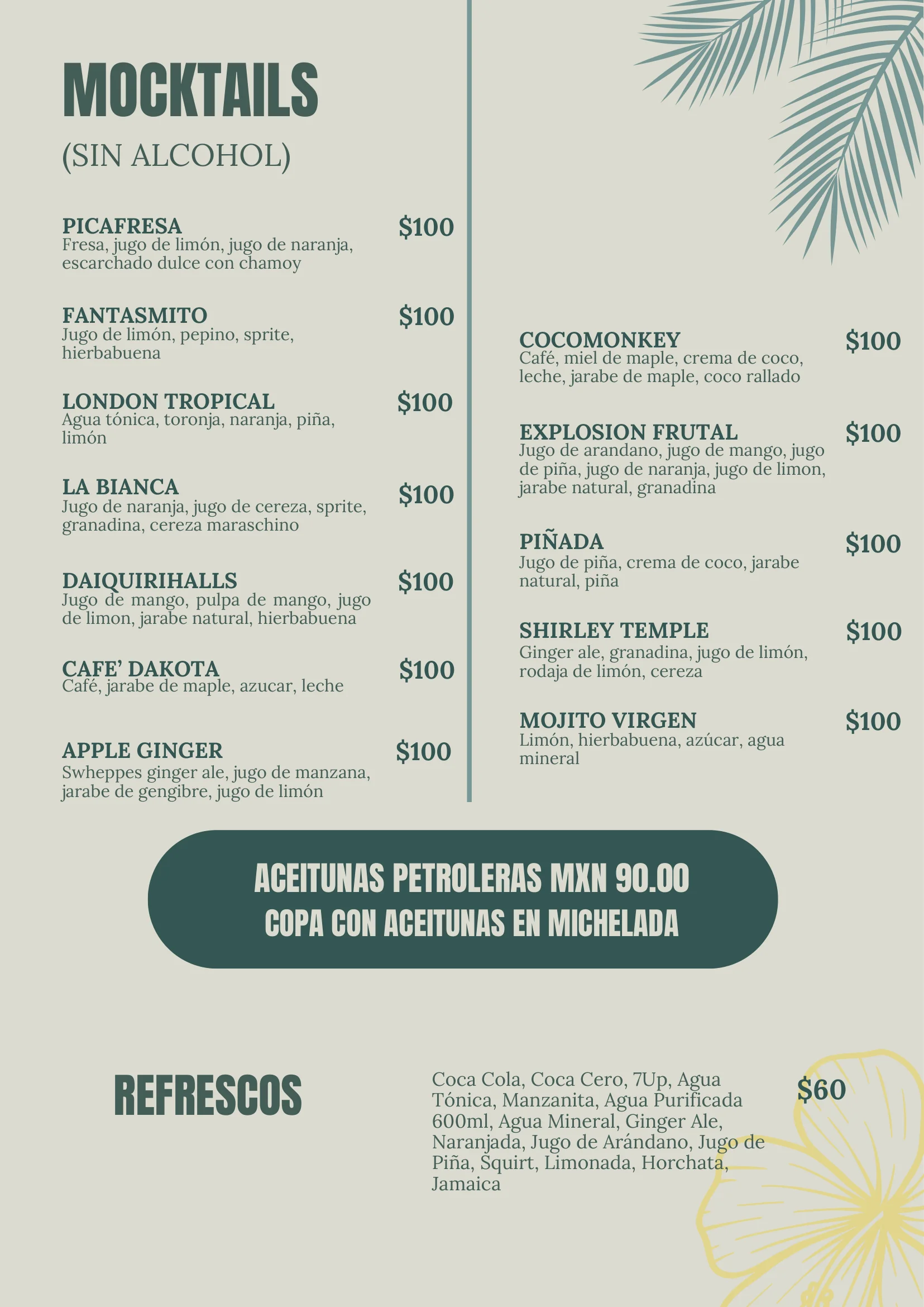 Menú de mocktails sin alcohol de La Bianca Tropical