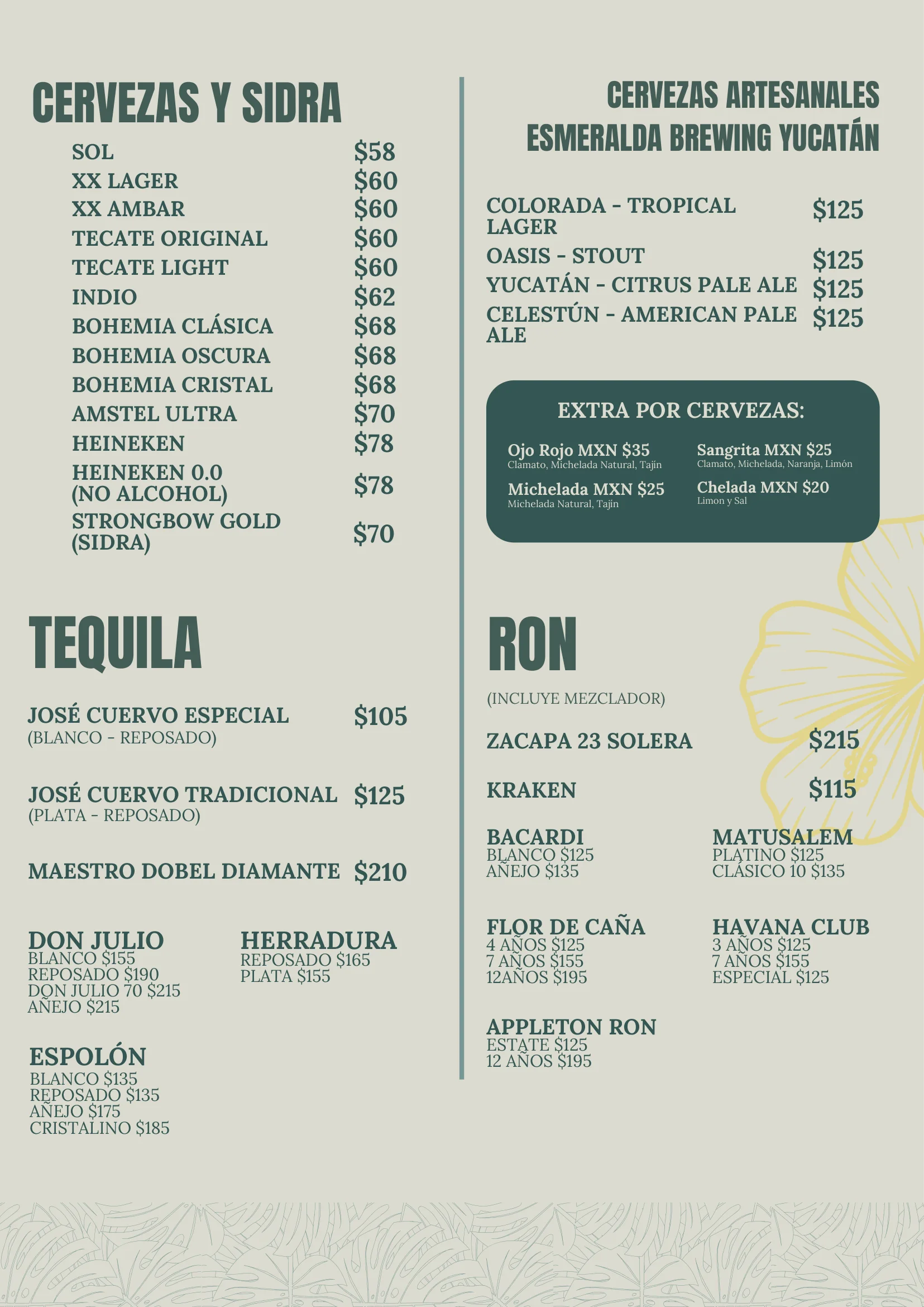 Carta de cervezas, tequila y ron de La Bianca Tropical