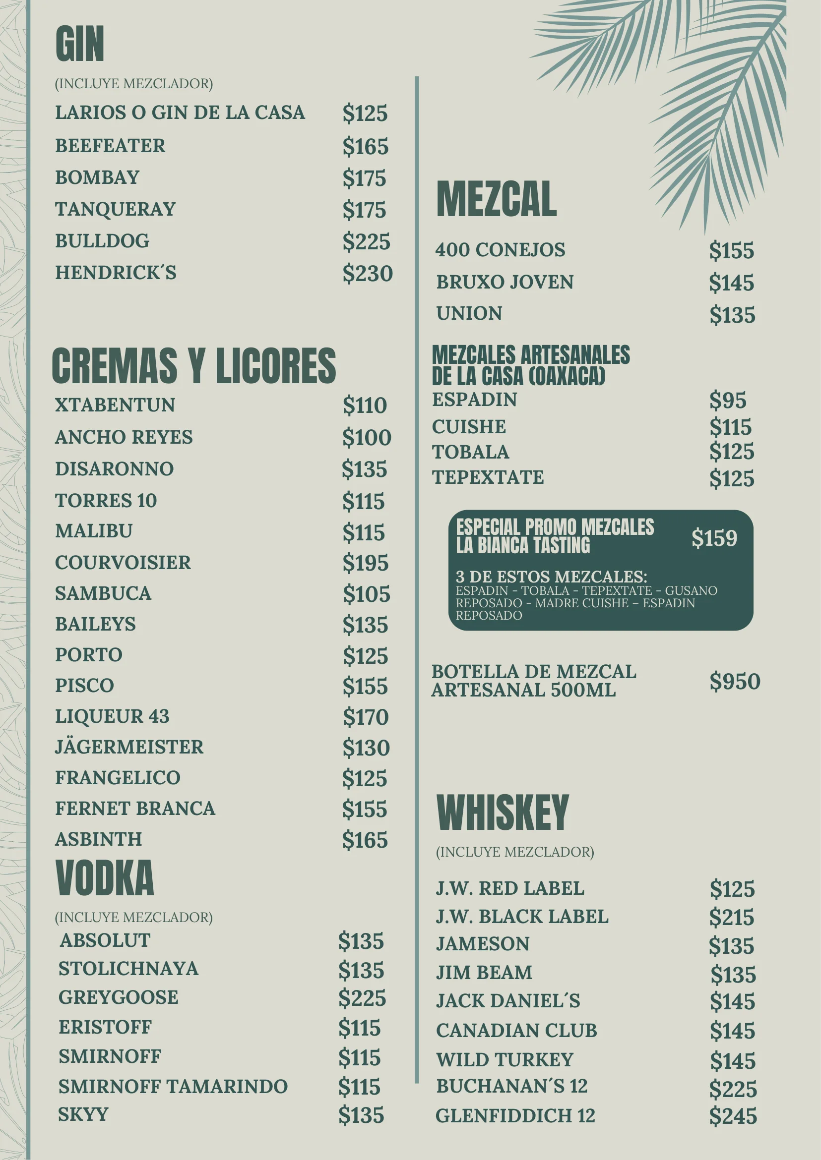 Carta de gin, licores, vodka, mezcal y whiskey de La Bianca Tropical
