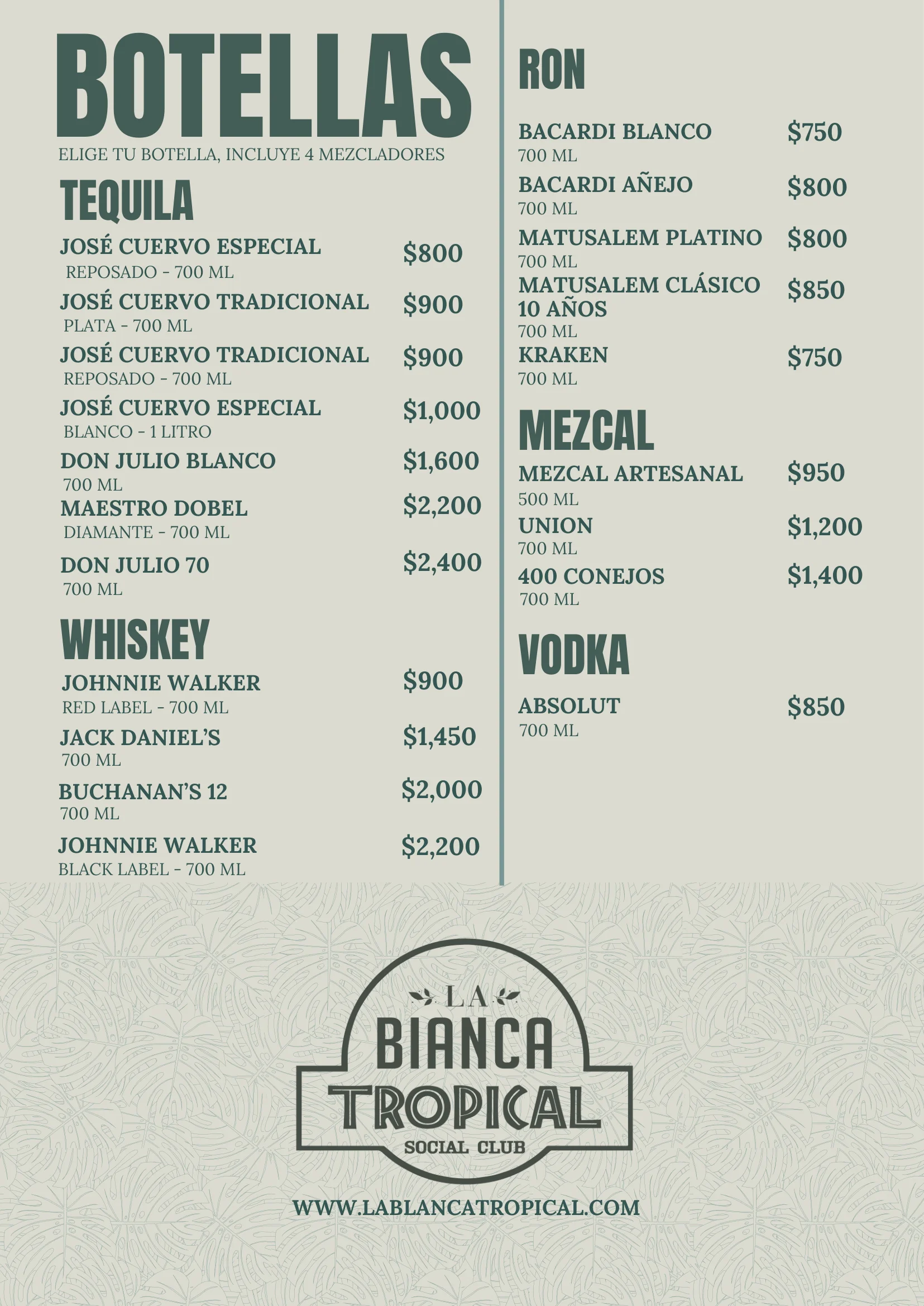 Carta de botellas de La Bianca Tropical